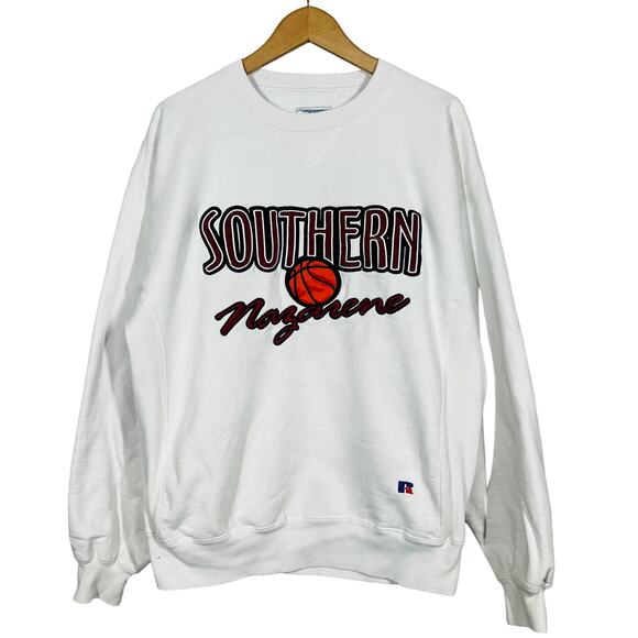 Vintage Russell Reverse Weave Nazarene Sweatshirt White Long Sleeve Pullover - L - Picture 1 of 7
